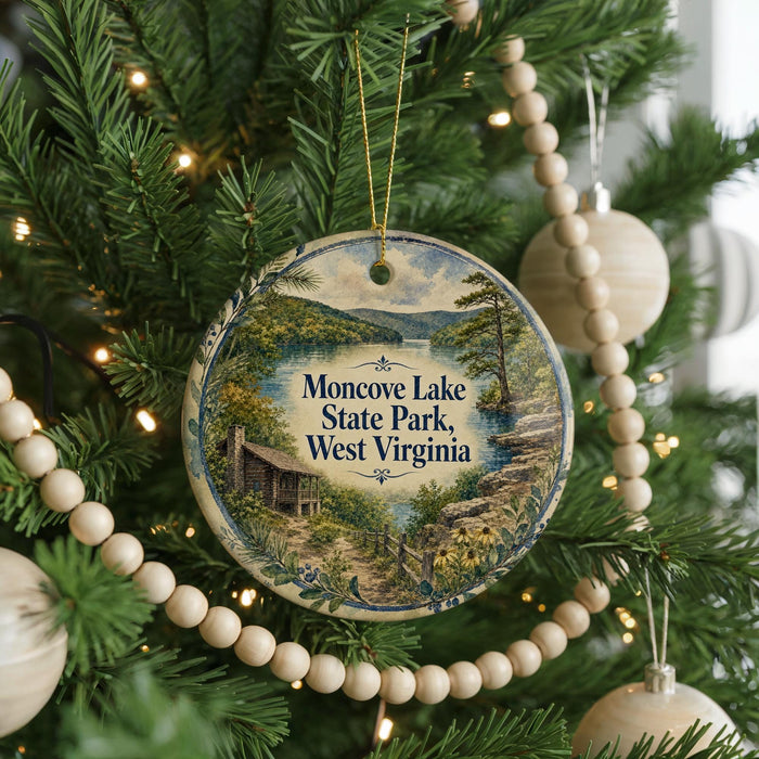 A Christmas tree decorated with ornaments, including a circular ornament with a scenic image of Moncove Lake State Park, West Virginia.