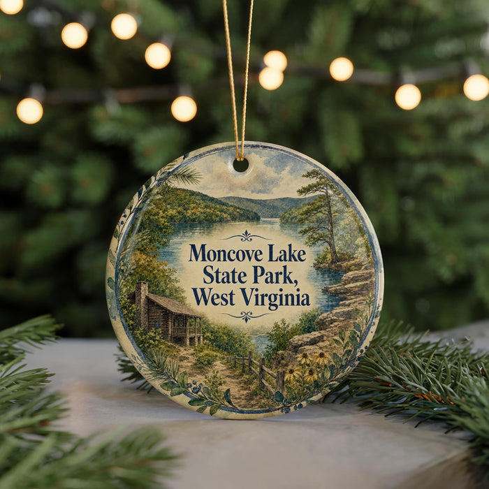 A decorative ornament featuring a scenic landscape with mountains, trees, and a cabin, hanging from a string.