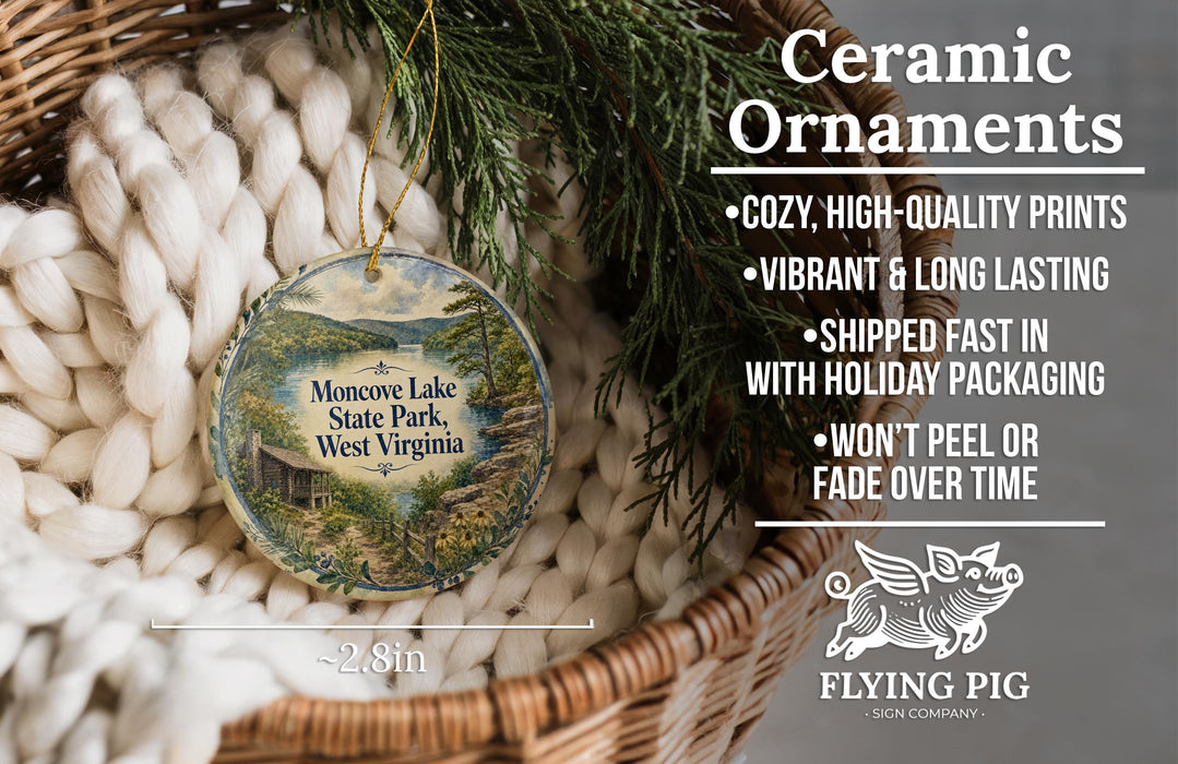 Ceramic ornaments, featuring a scenic landscape of Monocoke Lake State Park, West Virginia, are displayed in a wicker basket. The text highlights the ornaments as "cozy, high-quality prints" and "vibrant & long lasting", with a description of their shipping speed and the fact that they won't peel or fade over time.