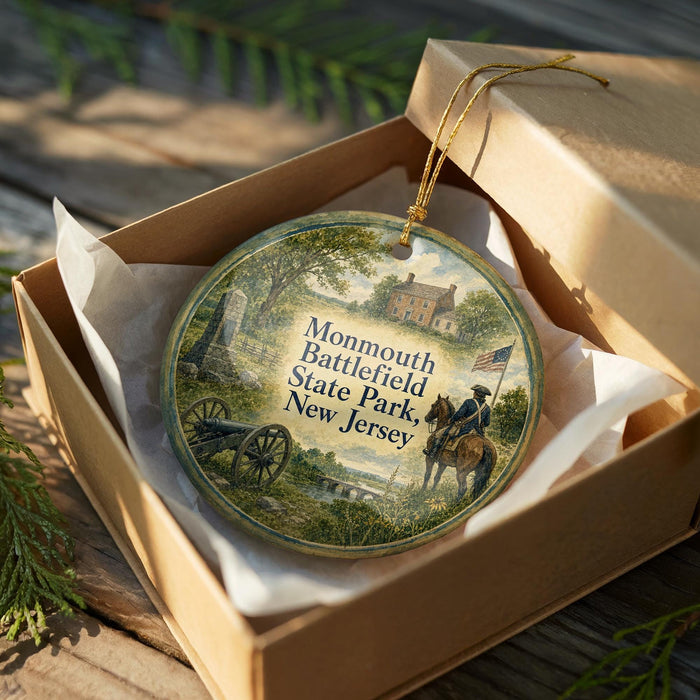 A round ornament in a box, featuring a scene of a man on horseback and a cannon, with text that reads "Monmouth Battlefield State Park, New Jersey".