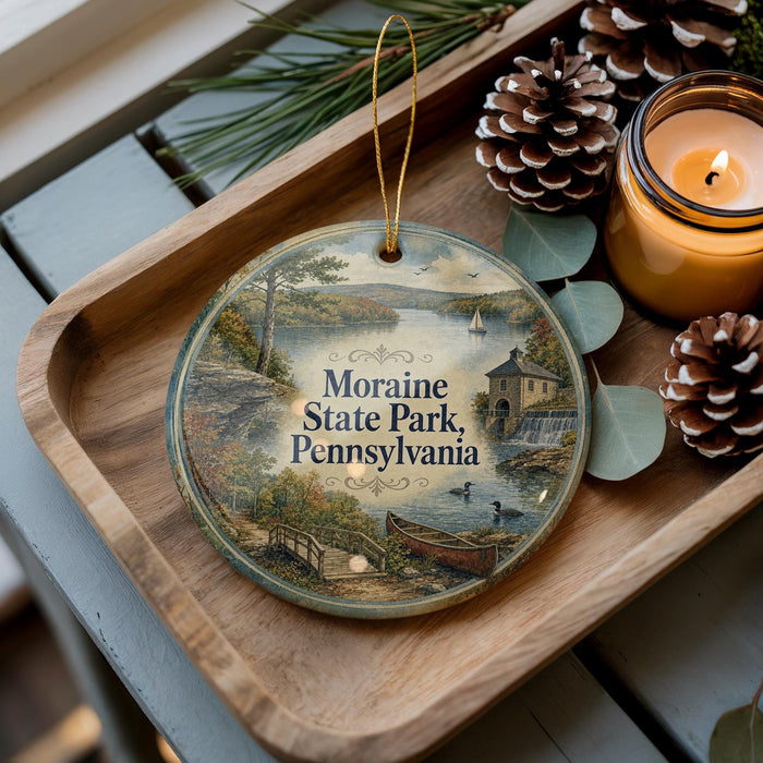 A decorative ornament featuring a scenic landscape of Moraine State Park, Pennsylvania, with a candle and pine cones on a wooden tray.