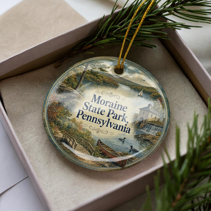 A decorative ornament in a box, featuring a scenic landscape with a river, buildings, and trees.