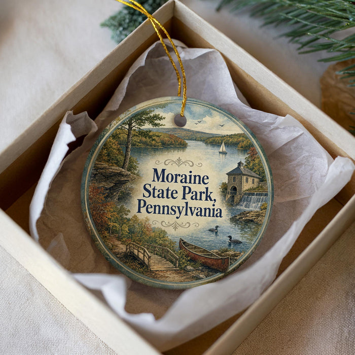 A decorative ornament in a box, featuring a scenic landscape with a lake, a boat, and a house, along with the text "Moraine State Park, Pennsylvania".