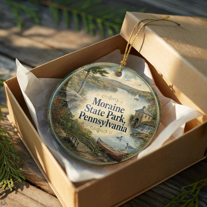 A decorative ornament in a box, featuring a scenic landscape with a river, trees, and a house, along with the text "Moraine State Park, Pennsylvania".