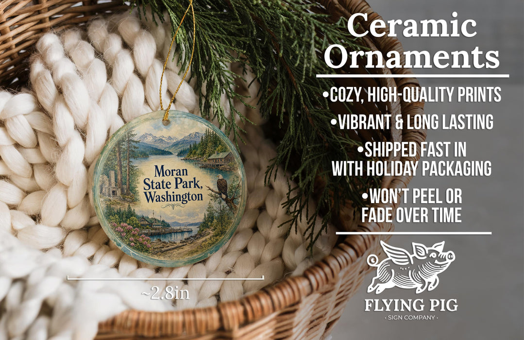 Ceramic ornaments, featuring a scenic landscape of Morgan State Park, Washington, are displayed in a woven basket.