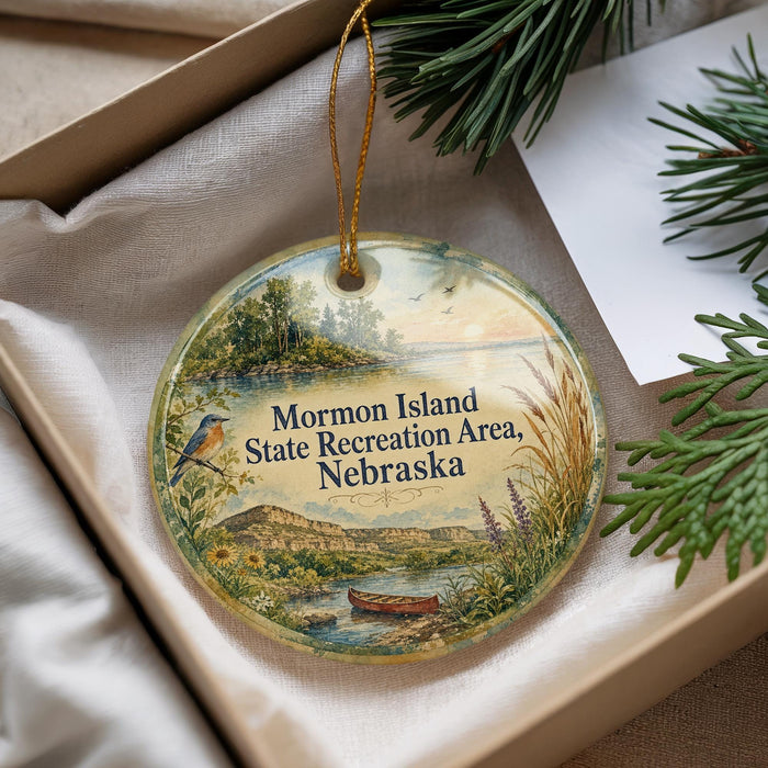A decorative ornament with a scenic landscape of a lake, mountains, and a bird, hanging from a string.
