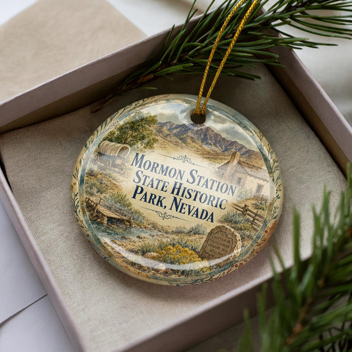 A round ornament with a vintage-style illustration of a historical site, specifically Mormon Station State Historic Park, Nevada, displayed in a box with pine branches.