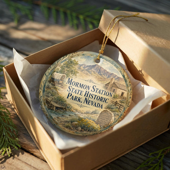 A round ornament in a box, featuring a scenic landscape with mountains and a wagon, is displayed on a wooden surface.