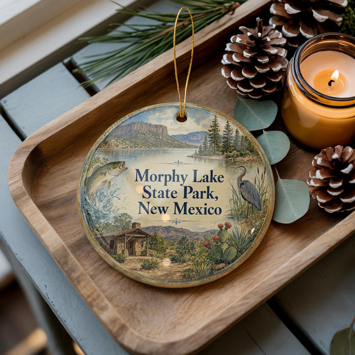 A decorative ornament featuring a scenic image of Morphy Lake State Park, New Mexico, with pine cones and a lit candle on a wooden tray.