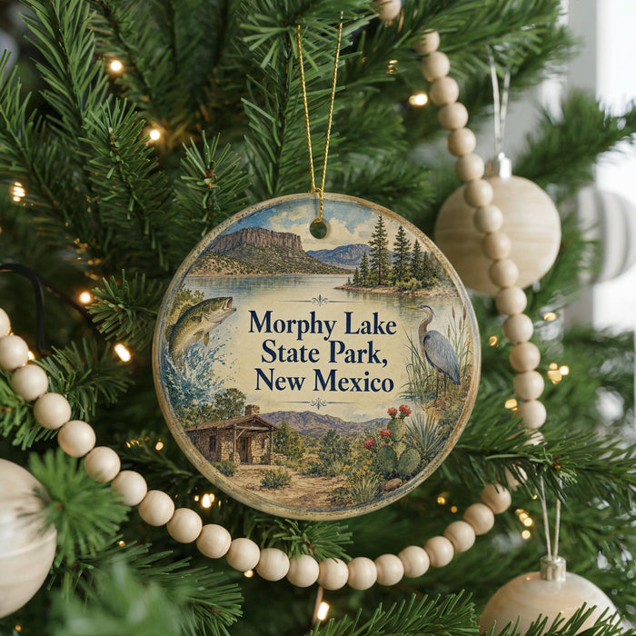 A circular ornament hanging on a Christmas tree, featuring illustrations of a lake, mountains, and wildlife.
