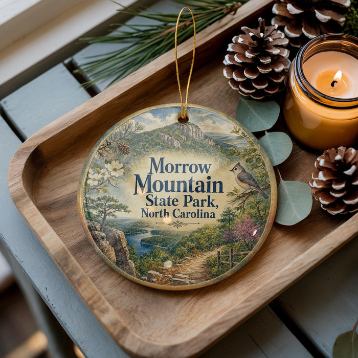 A wooden tray with a decorative ornament featuring a scenic mountain landscape, pine cones, and a lit candle.