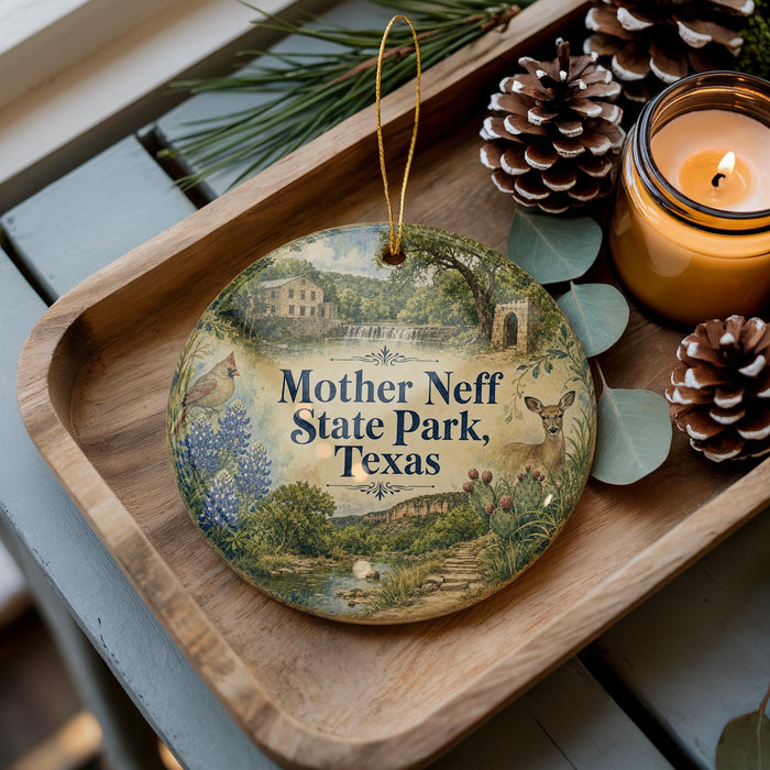 A decorative ornament with a picture of a park, featuring a bird, flowers, and a path, sits on a wooden tray next to a lit candle and pine cones.