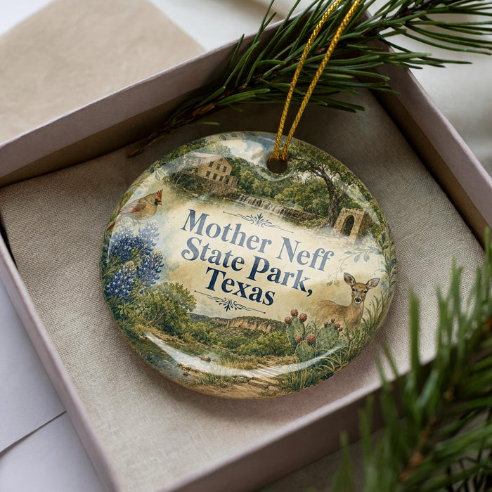 A decorative ornament in a box, featuring a scenic landscape with a house, trees, and wildlife.