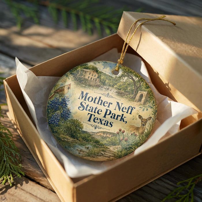 A decorative ornament in a box, featuring a scenic image of Mother Neff State Park in Texas.