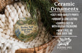 Ceramic ornaments, including a Mother Neff State Park ornament, are displayed in a basket with pine branches.