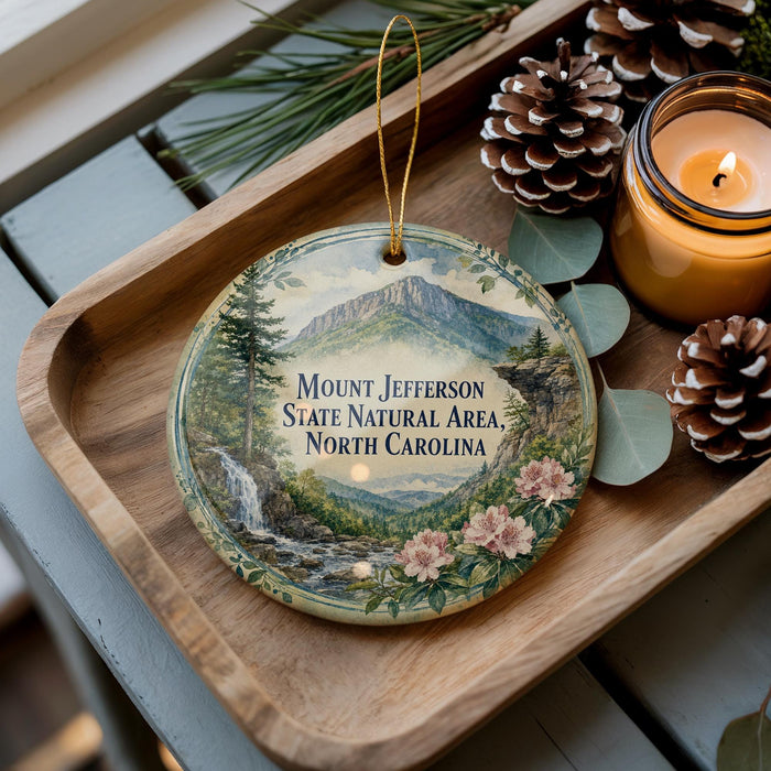 A decorative ornament featuring a mountain landscape with pine trees and a waterfall, placed on a wooden tray alongside pine cones and a lit candle.