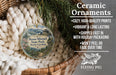 Ceramic ornaments, featuring a scenic image of Mount Mitchell State Park, North Carolina, hanging from a wicker basket.