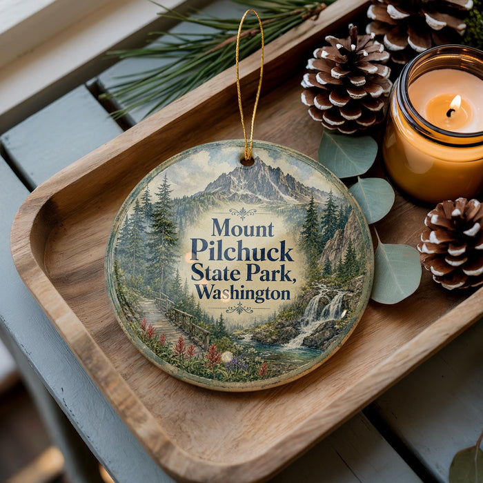 A wooden tray with a decorative ornament featuring a scenic mountain landscape and pine cones, along with a lit candle and pine cones.