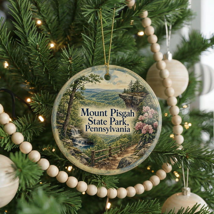 A round ornament hanging on a Christmas tree, featuring a scenic landscape with a waterfall and a path leading to a cliff.