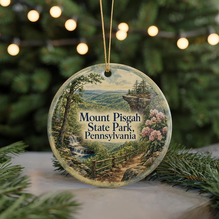 A round ornament featuring a scenic landscape of Mount Pisgah State Park in Pennsylvania, with a path leading through the forest and a waterfall in the background.