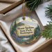 A decorative ornament with a scenic landscape of Mount Spokane State Park, Washington, featuring a mountain, pine trees, and a lake.
