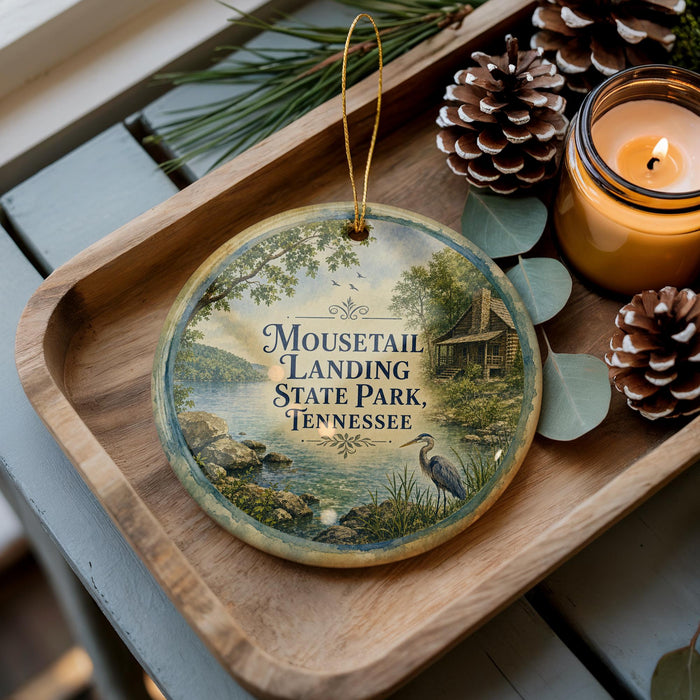 A decorative ornament with a scenic image of a lake and mountains, along with the text "Mousetail Landing State Park, Tennessee" is displayed on a wooden tray.