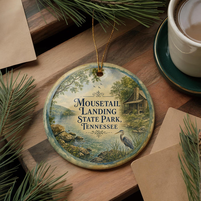 A decorative ornament featuring a scenic image of a lake and a cabin, with the text "Mousetail Landing State Park, Tennessee" printed on it. The ornament is placed on a wooden surface, surrounded by pine branches and a cup of coffee.