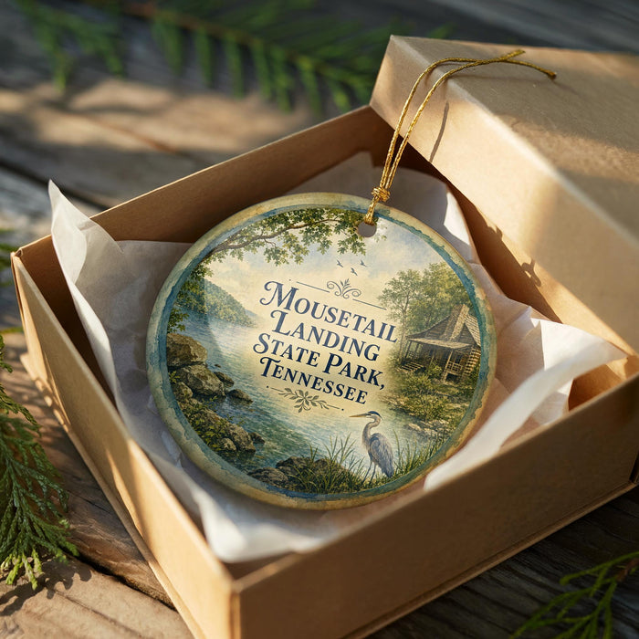 A round ornament in a wooden box, featuring a scenic landscape with a bird and trees, with the text "Mousetail Landing State Park, Tennessee" printed on it.