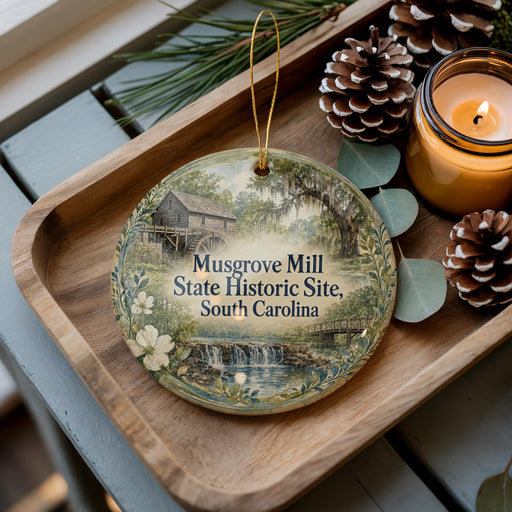 A wooden tray with a decorative ornament featuring a scenic image of Musgrove Mill, a historic site in South Carolina. The ornament also includes a candle and pine cones, creating a cozy and festive atmosphere.