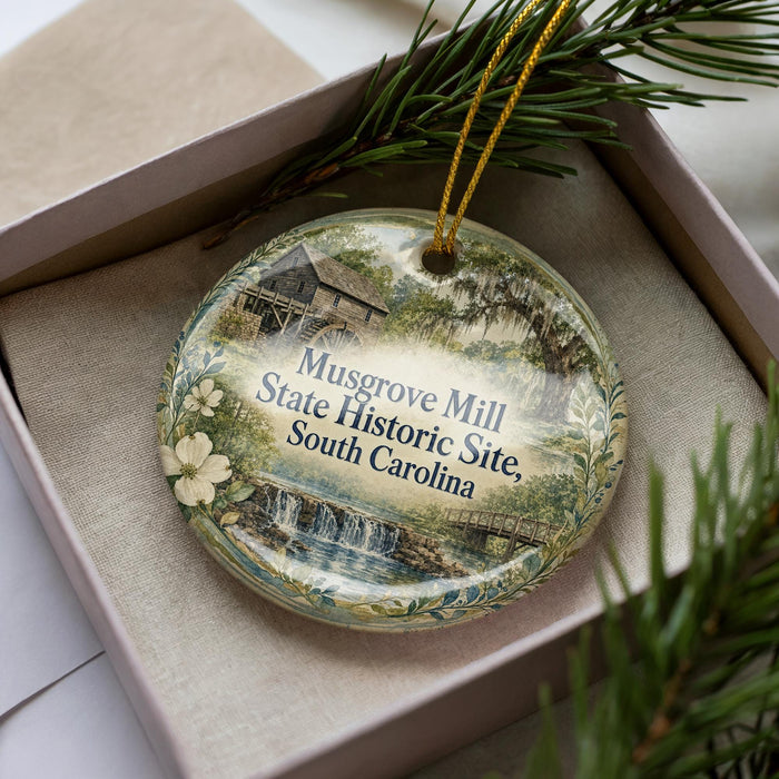 A decorative ornament in a box, featuring a scenic image of Musgrove Mill, South Carolina.