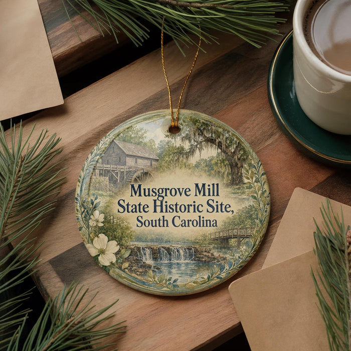 A decorative ornament featuring a scenic image of Musgrove Mill, a historic site in South Carolina, surrounded by pine branches and a cup of coffee.