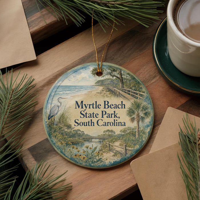 A decorative ornament featuring a scenic beach landscape with a bird, palm trees, and a wooden pier, placed on a wooden surface alongside a cup of coffee and some pine branches.