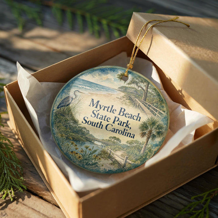 A round ornament in a brown box, featuring a beach scene with palm trees and a bird, is displayed on a wooden surface.