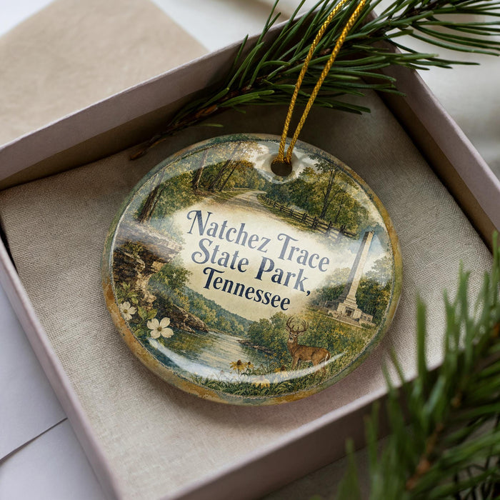 A decorative ornament in a box, featuring a scenic image of Natchez Trace State Park in Tennessee.