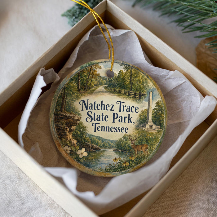 A decorative ornament in a box, featuring a scenic landscape with a river, trees, and a deer.