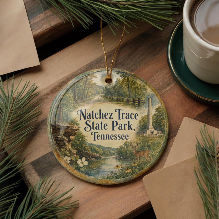 A decorative ornament with the text "Natchéz Trace State Park, Tennessee" is displayed on a wooden surface, surrounded by pine branches and a cup of coffee.