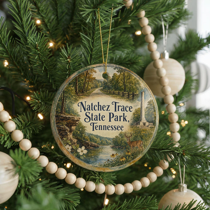 A round ornament hanging on a Christmas tree, featuring a scenic image of a park with a river and trees.