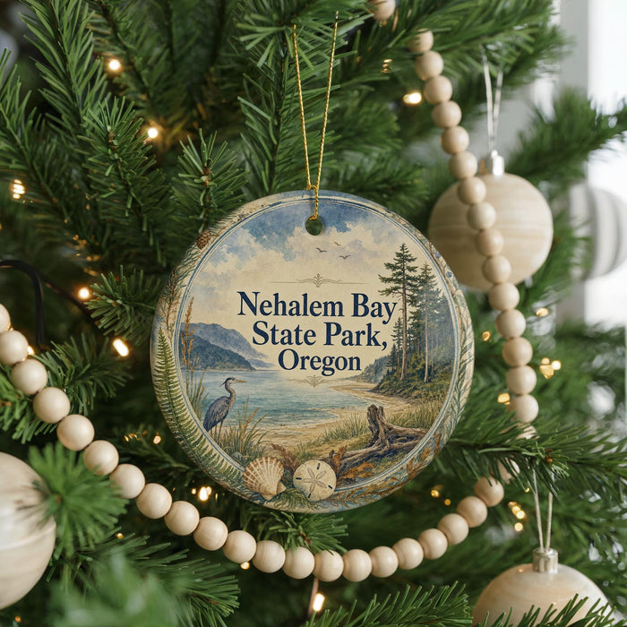 A round ornament hanging on a Christmas tree, featuring a scenic landscape with a lake, mountains, and a bird.