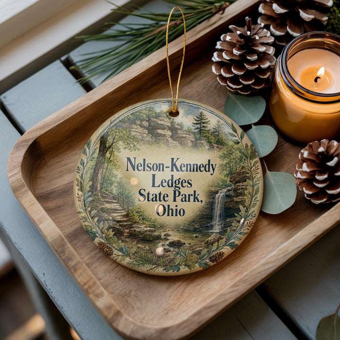 A wooden tray with a decorative ornament featuring a scenic landscape of Nelson-Kennedy Lidges State Park, Ohio, and pine cones.