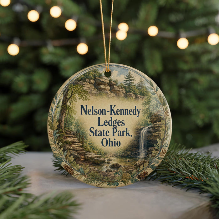A round ornament with a scenic landscape of Nelson-Kennedy Lidges State Park, Ohio, featuring a waterfall and pine trees.