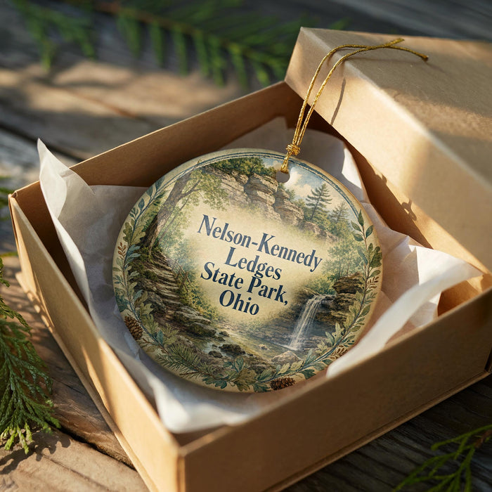 A decorative ornament in a wooden box, featuring a scenic landscape with a waterfall and pine trees.