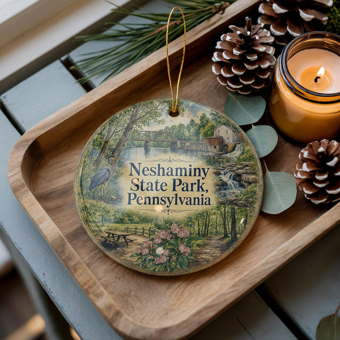 A decorative ornament featuring a scenic image of Neshaminy State Park, Pennsylvania, with pine cones and a lit candle on a wooden tray.