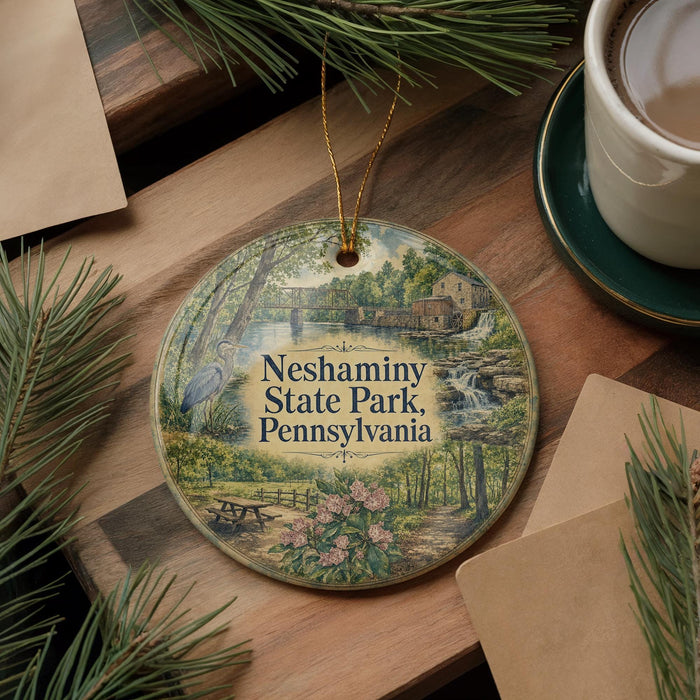 A decorative ornament featuring a scenic landscape of Neshaminy State Park, Pennsylvania, with a bird and a waterfall in the background.