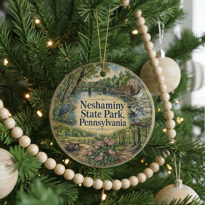A round ornament hanging on a Christmas tree, featuring a scenic image of Neshaminy State Park, Pennsylvania.