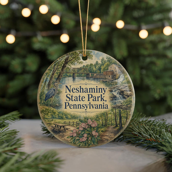 A round ornament featuring a scenic landscape of Neshaminy State Park, Pennsylvania, with a bird, a bridge, and a waterfall.