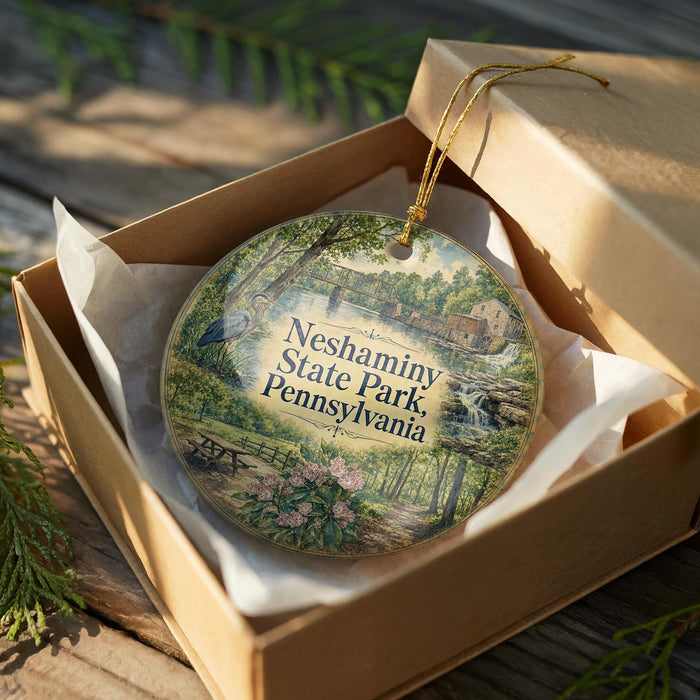 A decorative ornament in a box, featuring a scenic image of Neshaminy State Park, Pennsylvania.