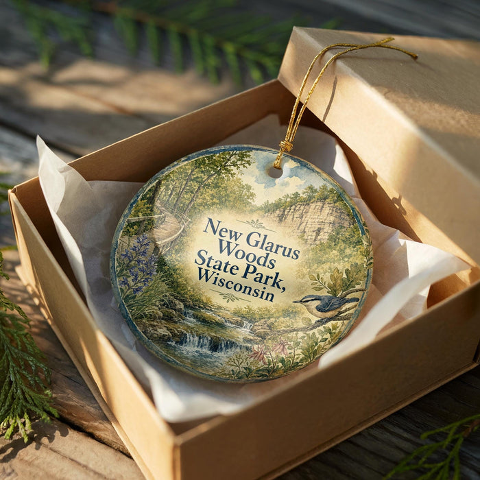 A decorative ornament in a brown box, featuring a scenic landscape with a waterfall and greenery, with the text "New Glarus Woods State Park Wisconsin" printed on it.