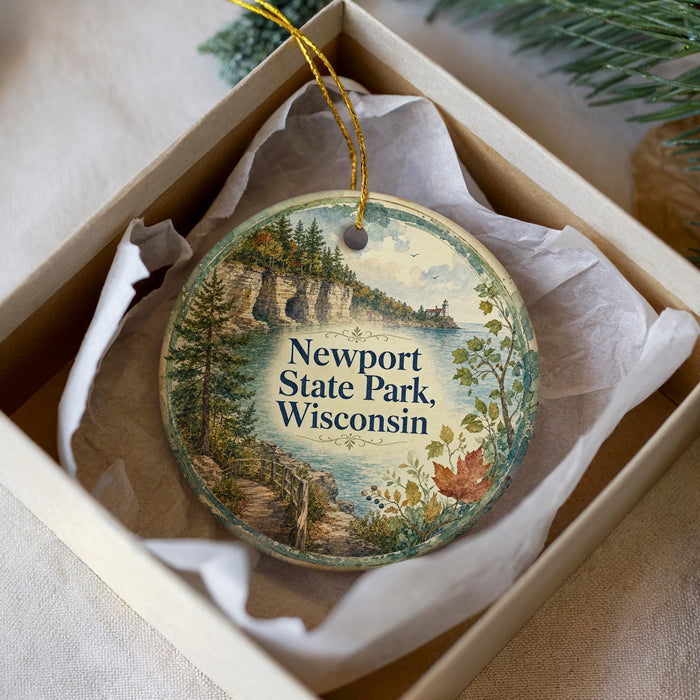 A decorative ornament in a box, featuring a scenic landscape with a lake, trees, and mountains, along with the text "Newport State Park, Wisconsin".