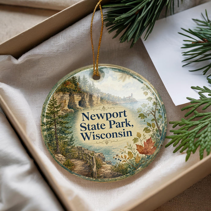 A decorative ornament with a scenic landscape of Newport State Park in Wisconsin, featuring a winding path, pine trees, and a body of water.