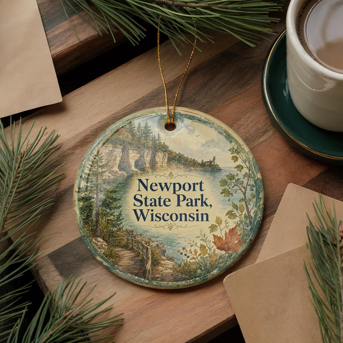 A decorative ornament with a scenic image of Newport State Park, Wisconsin, hanging on a wooden surface.